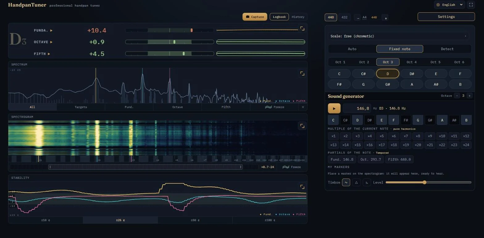 HandpanTuner measuring the fundamental, octave and fifth of a handpan note in real time, with spectrum, spectrogram and stability graph